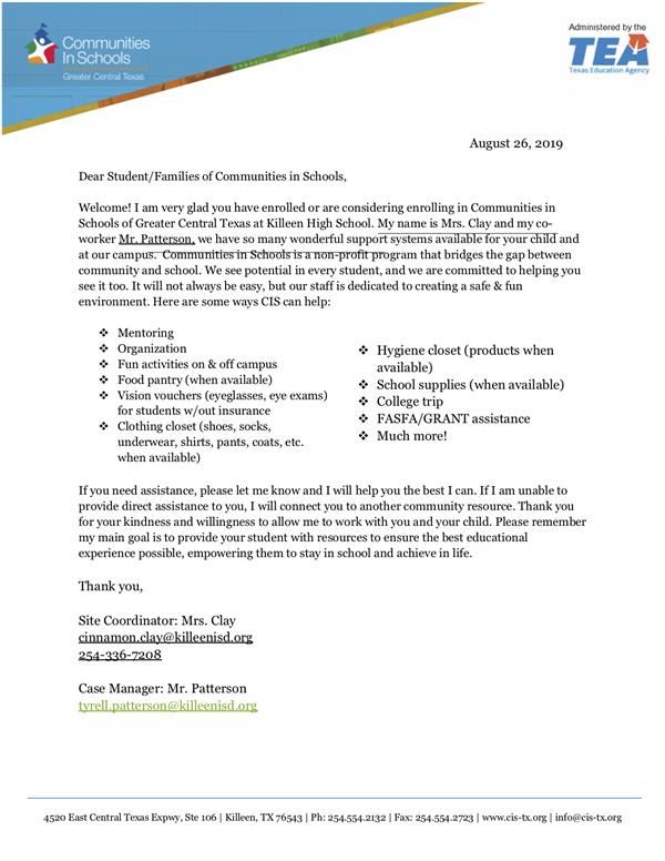 CIS Welcome Letter 